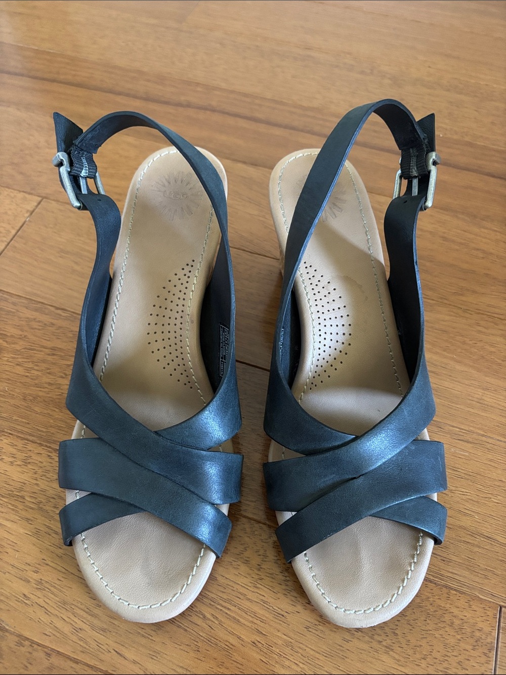 UGG Black and Tan Slingback Wedge Sandals